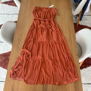 Strapless silky maxi dress, rust orange, size M, new with tags
